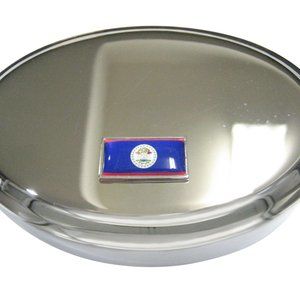 Thin Bordered Belize Flag Oval Trinket Jewelry Box